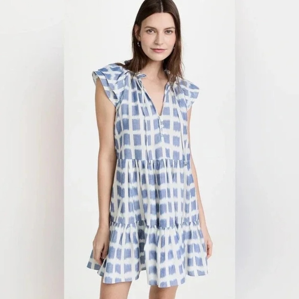 Veronica Beard Zee Ikat Dress in Ecru Blue and White